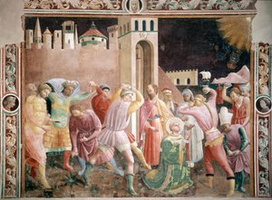 Steinigung des Heiligen Stephanus Fresko von Andrea di Giusto (tätig um 1424-1450) 1430-1450 Kathedrale von Prato, Kapelle der Assunta Prato Italien