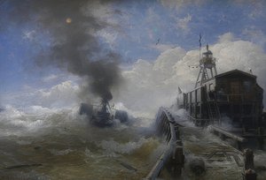Ein Schlepper verlässt den Hafen von Ostende bei Flut