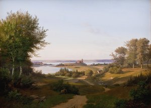 Ansicht des Hügels am Schloss Skanderborg, Jütland, und das Denkmal für Frederik VI.
