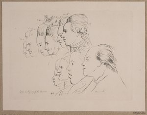 10 Porträts: Enevold Brandt, Johann Friedrich Struensee, Caroline Mathilde, Julieane Marie, Arveprins Frederik, Christian VII, Marie Jeanne Clemens, J. F. Clemens, Jens Juel und Nicolai Abildgaard von Andreas Peter Madsen