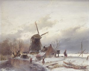 Gefrorene Flusslandschaft mit Windmühle