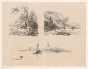 Figuren in einem Wald, ein Fluss entlang einer bergigen Küste und Boote auf dem Wasser