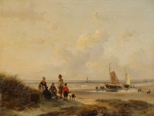 Ruhende Fischer an einem Strand bei klarem Wetter von Andreas Schelfhout