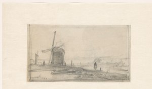 Skizze einer Landschaft mit einer Mühle links von Andreas Schelfhout