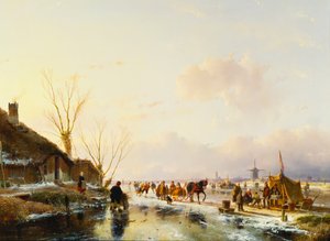 Schlittschuhläufer bei einer Bude auf einem zugefrorenen Fluss, 1850