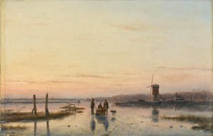 Windmühle an einem zugefrorenen Fluss von Andreas Schelfhout