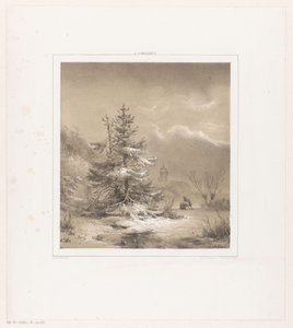Winterlandschaft mit Nadelbäumen und Mann mit Schlitten