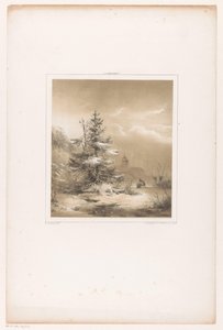 Winterlandschaft mit Nadelbäumen und Mann mit Schlitten