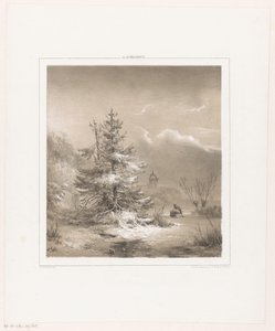 Winterlandschaft mit Nadelbäumen und Mann mit Schlitten