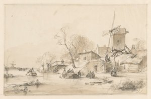 Winterlandschaft mit rechts einer Mühle und einigen Häuschen auf einem Deich von Andreas Schelfhout