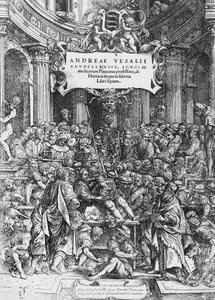 Titelseite von De humani corporis fabrica (Lateinisch für Über den Aufbau des menschlichen Körpers), wo Andreas Vesalius beim Sezieren eines Kadavers dargestellt ist von Andreas Vesalius