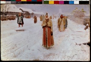 Sonntag. Im Winter, auf einer verschneiten Straße im Großfürstentum Moskau, zur Zeit der Wirren (16.-17. Jahrhundert) des alten Russlands, kehren Bojaren, Männer und Frauen, in traditionellen Kostümen von der Kirche zurück. Gemälde von Andre