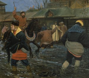 Straße im Moskau des 17. Jahrhunderts an einem Feiertag