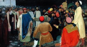 Graf Gleb tötet einen Magier bei der Nowgoroder Versammlung von Andrei Petrovitch Rjabuschkin