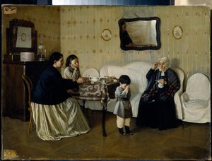 Ein familiärer Morgen, ein Kind das Beten lehren