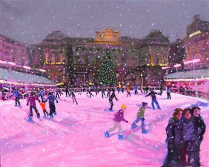 Weihnachtsschlittschuhlaufen, Somerset House mit rosa Lichtern, 2014 von Andrew Macara