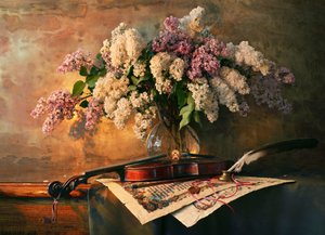 Flieder und Violine Stillleben
