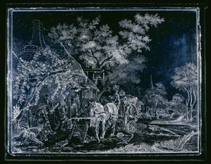 Fenster mit Pferd und Wagen und einigen Figuren vor einem Gasthaus