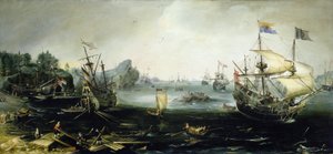 Niederländische Schiffe laden Holz in einem skandinavischen Fjord, von Andries van Eertvelt