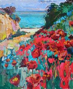 Rote Mohnblumen Küstenblick