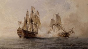 Kampf des Schiffes Glorioso mit dem Briten Dartmouth im Jahr 1747 – 19. Jahrhundert von Angel Maria Cort