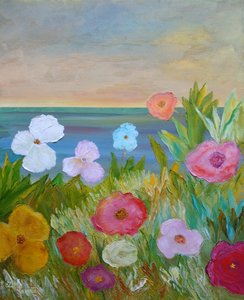 Bunte Blumen mit Meeresblick von Angeles M. Pomata