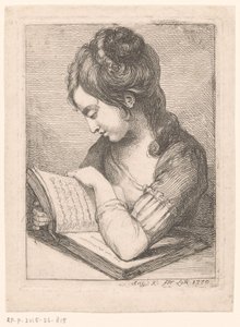 Lesende junge Frau an einem Tisch, ihr Ellbogen auf einem Buch ruhend von Angelica Kauffmann