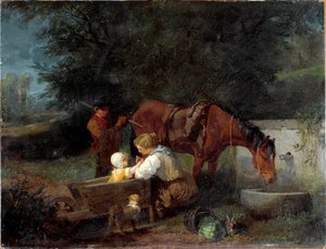 Eine Bäuerin mit ihrem Kind, einem Bauernjungen und einem Pferd