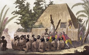 Kapitän Cook beobachtet ein Opfer, Sandwichinseln, 1778-1779 19. Jahrhundert