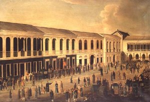 Ein Blick auf die Hongs an der Uferpromenade von Kanton, ca. 1825