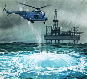 Ein Hubschrauber nähert sich einer Ölplattform