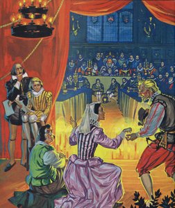 Aufführung von Was ihr wollt vor Königin Elizabeth I., mit Shakespeare, der hinter dem Vorhang lauscht