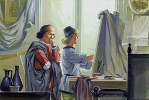 Ein junger Leonardo Da Vinci hilft seinem Meister Verrocchio bei der Taufe Christi
