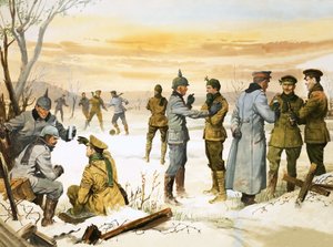 Britische und deutsche Soldaten halten einen Weihnachtsfrieden während des Großen Krieges