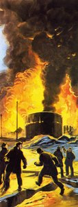 Brennende Öltanks in Seward nach dem Erdbeben von Anchorage 1964 von Angus McBride