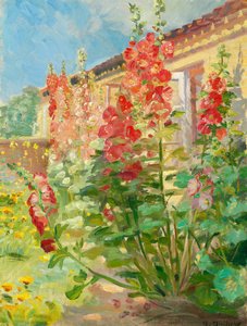 Rote Stockrosen im Garten der Familie Ancher in Markvej, Skagen von Anna Ancher