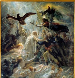 Apotheose der französischen Helden, die während des Freiheitskrieges für das Vaterland starben, Hommage an Napoleon Bonaparte, Allegorie, die den Barden Ossian, schottischen Dichter des 3. Jahrhunderts, darstellt, gelesen von Napoleon, der Louis Charles An