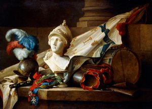 Eine Büste der Minerva mit Rüstung und Waffen auf einem Steinsims, 1777