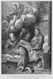 Der heilige Franz von Assisi, von Krankheit geplagt, wird durch den Klang eines himmlischen Instruments geheilt