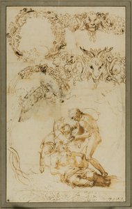 Betrunkener Silenus und dekorative Skizzen: Studien für die Tazza Farnese (recto); Zwei kämpfende Putti: Studie für die Galleria Farnese (verso)