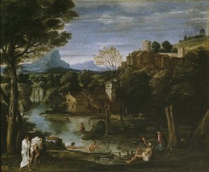 Landschaft mit Fluss und Badenden