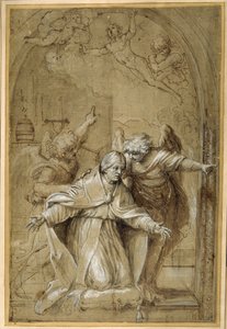 St. Gregor, von Engeln begleitet, betet für Seelen im Fegefeuer