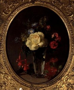 Stillleben mit einer gelben Rose, Reseda und Fuchsien