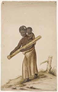 Afrikanische Frau mit Kind und Baumstamm