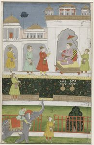 Akbar auf seinem Thron sitzend