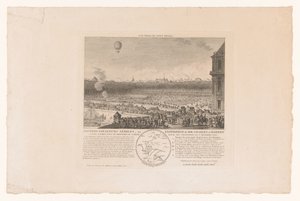Ballonfahrt von Charles und Robert von Paris nach Beaumont, gesehen von den Tuilerien, 1. Dezember 1783