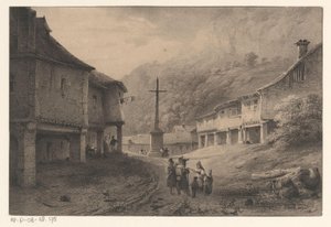 Berglandschaft mit Figuren und Kühen