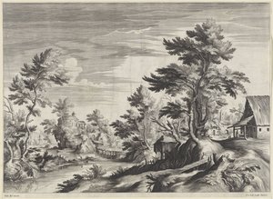 Baumreiche Flusslandschaft mit einigen Gebäuden