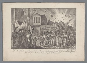 Die Brüsseler Aufständischen ziehen in Antwerpen ein, während S.E. der Generalleutnant Bn. Chassé die Stadt bombardiert, am 28. Oktober 1830 von Anonymous