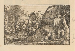 Diogenes in seiner Tonne und zwei gekrönte junge Männer